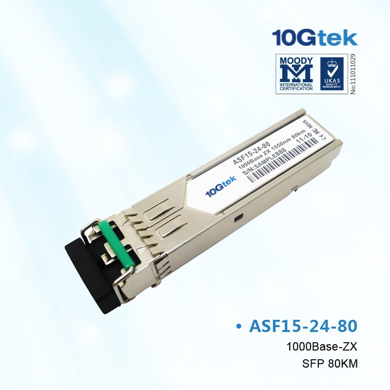 For Cisco, GLC-ZX-SM, 1000BASE-ZX SFP transceiver module for SMF, 1550-nm wavelength, commercial operating temperature range.